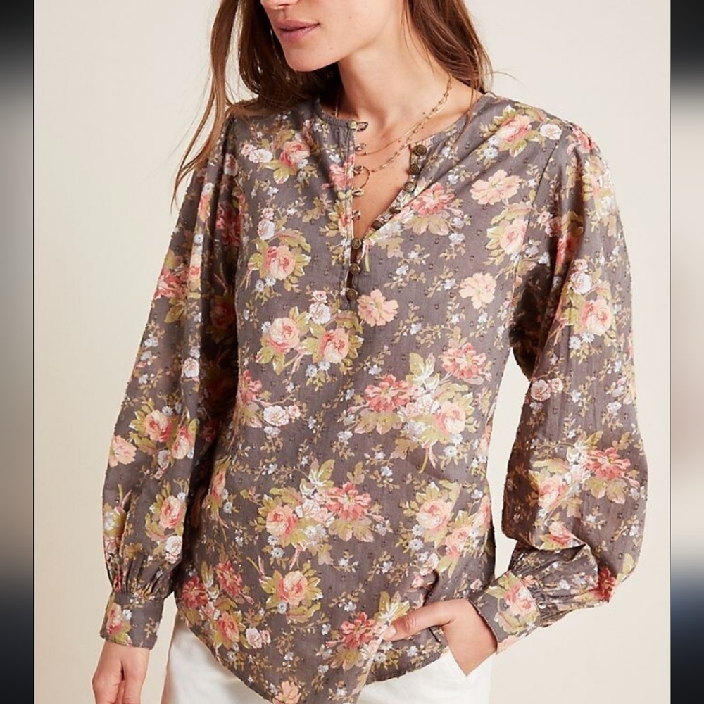 By Anthropologie Michaela Peasant Blouse Grey Taupe Floral